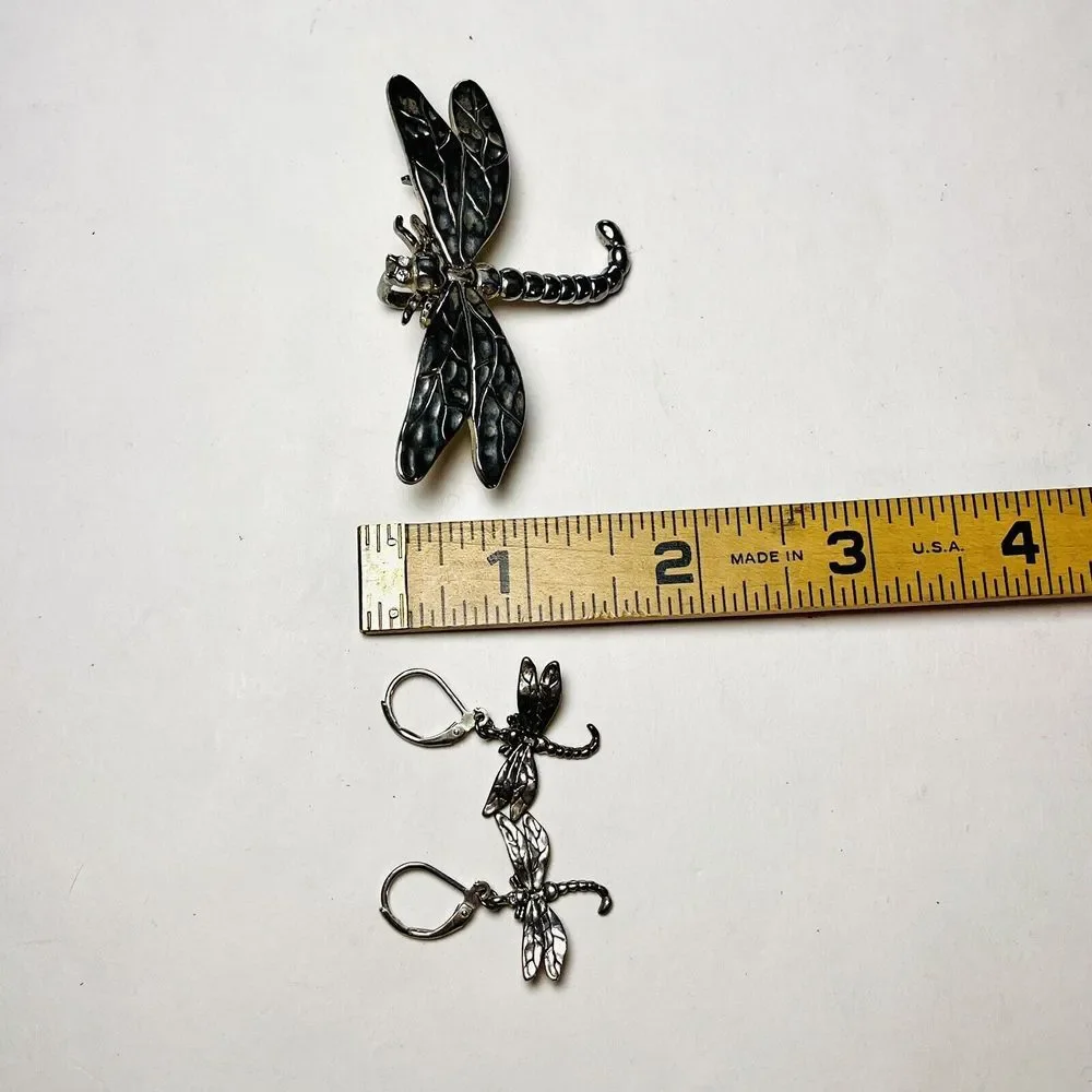Large Dragonfly Brooch / Pendant & Earrings Set Silver Tone Unsigned Rhinestones
